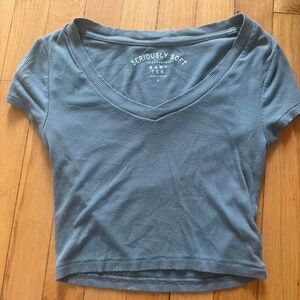 Aeropostale Seriously Soft Baby Tee V-Neck Ribbed Crop Top Blue Green Womens S
